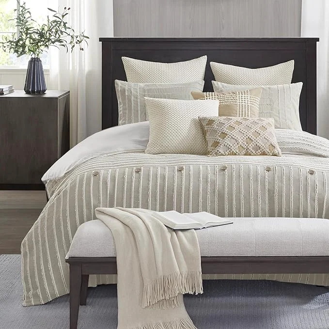 Lightweight Madison Park Queen Comforter Set Clipped Jacquard Stripes with Buttons Boho Comforter for a Queen-Size Bed Cotton Oversized Comforters with Removable Cover Boho Bedding Queen Ivory 8 Piece Fine Crafted
