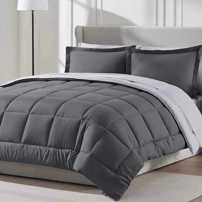 Green Nestl 7 Piece Queen Comforter Set – Dark Grey Reversible Bed in a Bag – Complete Queen Size Bedding Set with Sheets Pillowcases and Shams Effective