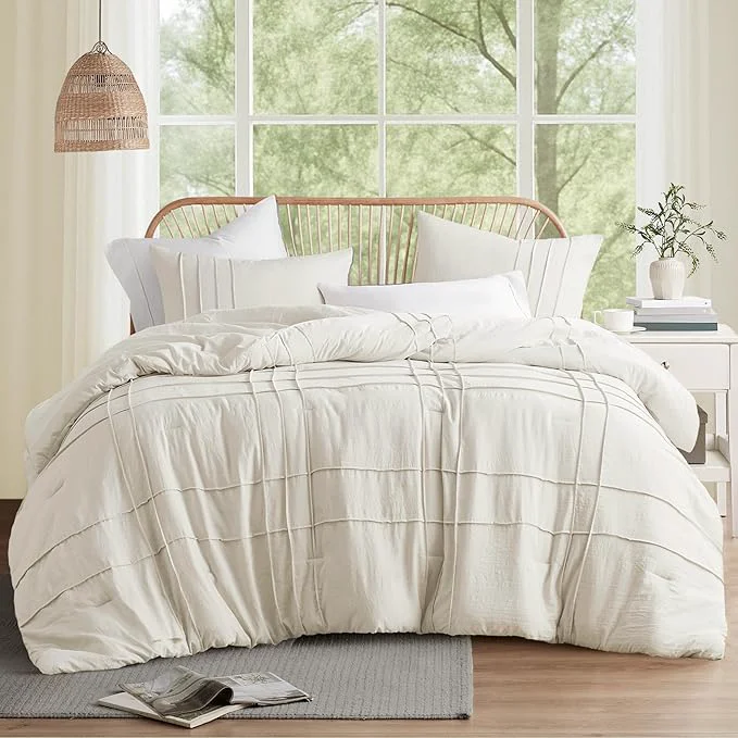 Comfort Spaces Cream Queen Size Comforter Set - 3 Pieces Pintuck Pleated Bedding Sets All Season Lightweight Extra Softness Pre-Washed Microfiber Queen Bed Set Shams Environmentally Friendly