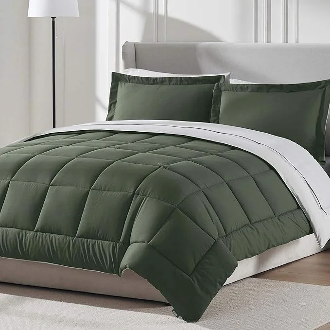 Exclusive Nestl 7 Piece Queen Comforter Set – Olive Green Reversible Bed in a Bag – Complete Queen Size Bedding Set with Sheets Pillowcases and Shams Genuine