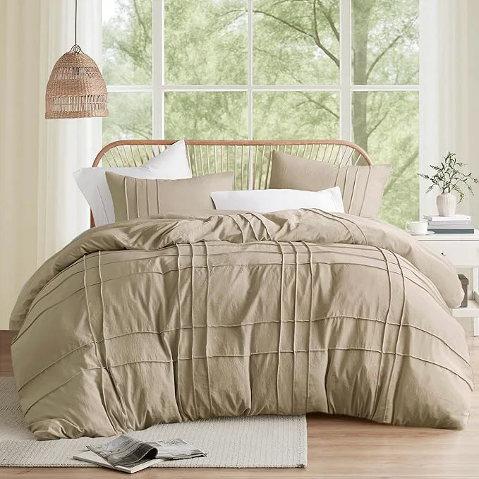 Contemporary Comfort Spaces Khaki Twin Size Comforter Set - 2 Pieces Pintuck Pleated Bedding Sets All Season Lightweight Extra Softness Pre-Washed Microfiber Twin Bed Set Shams Twin Effective