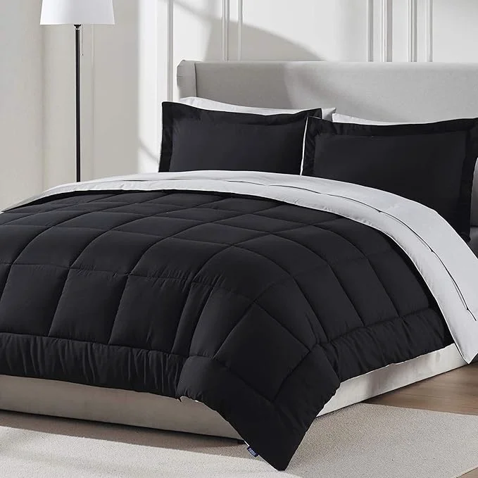 Natural Nestl 7 Piece King Comforter Set – Black Reversible Bed in a Bag – Complete King Size Bedding Set with Sheets Pillowcases and Shams Fine Crafted