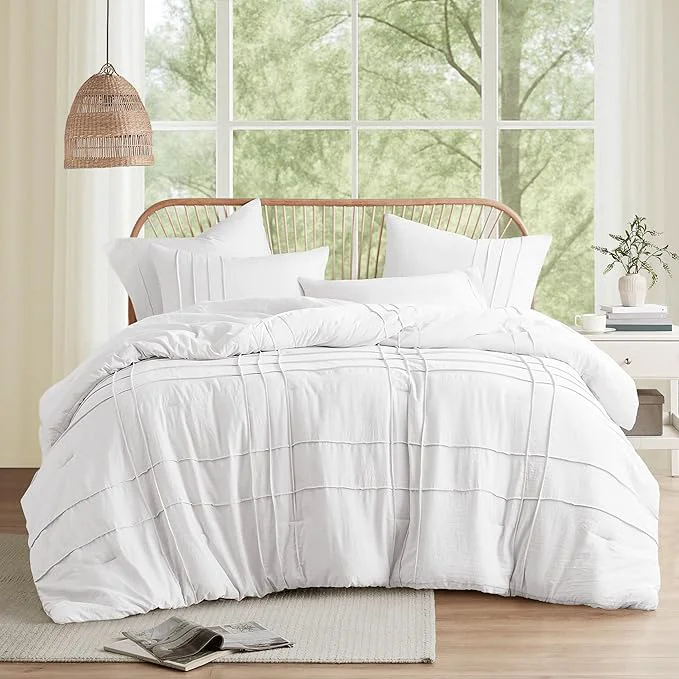 Breathable Comfort Spaces White Cal King Size Comforter Set - 3 Pieces Pintuck Pleated Bedding Sets All Season Lightweight Extra Softness Pre-Washed Microfiber Cal King Bed Set Shams Cal King Next-Generation