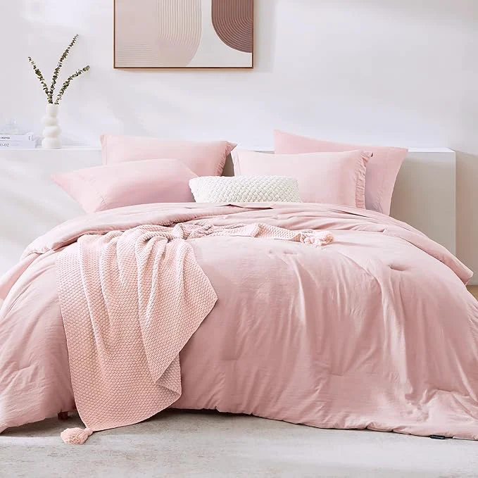 High-Quality WRENSONGE Queen Comforter Set - 7 Pieces Soft Pink Soft Bed in a Bag Queen with Sheets 2 Pillow Shams and 2 Pillowcases- Warm Bedding Sets for All Season Traditional
