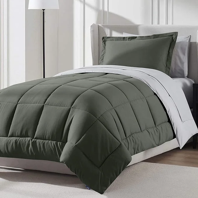 Sustainable Nestl 5 Piece Twin Comforter Set – Olive Green Reversible Bed in a Bag – Complete Twin Size Bedding Set with Sheets Pillowcase and Sham Minimalist