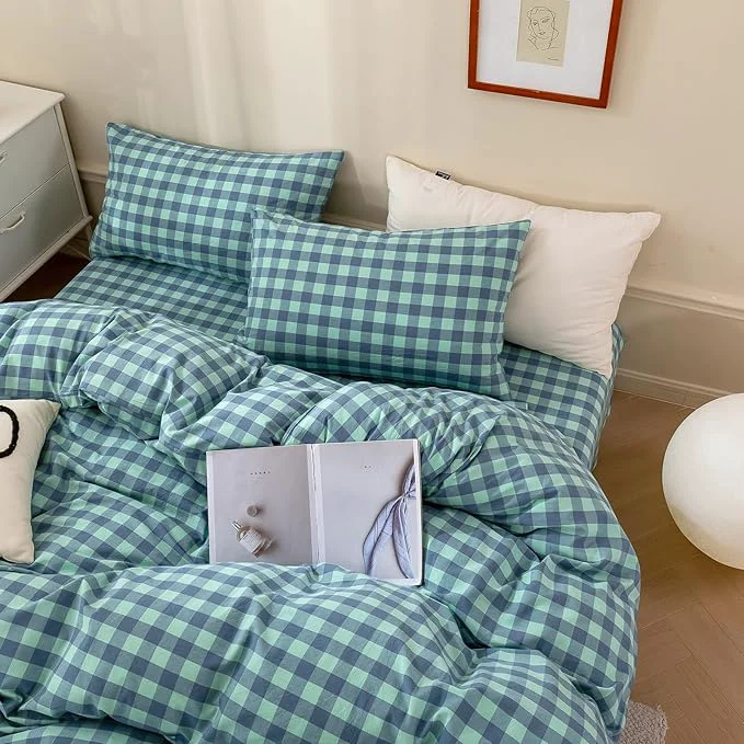 Classic VM VOUGEMARKET Green Plaid Comforter Set Full Washed Cotton Gingham Comforter with 2 Pillowcases for All Seasons 3 Pcs Modern Simple Grid Bedding Set for Teens Fine