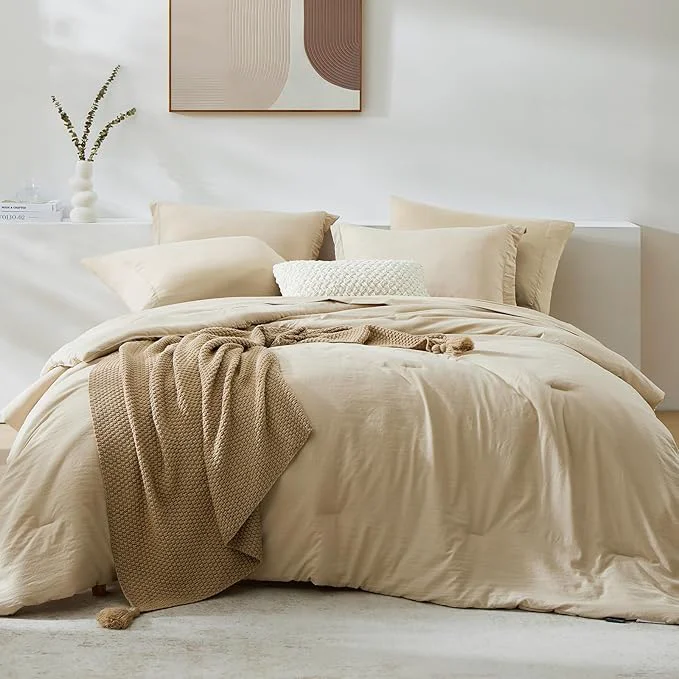 Enhanced WRENSONGE Super King Plus Size Comforter Set- 7 Pieces Beige Bed in a Bag Super King Plus with Fitted Sheet Flat Sheet 2 Pillow Shams and 2 Pillowcases- Warm Bed Set for All Season Elite