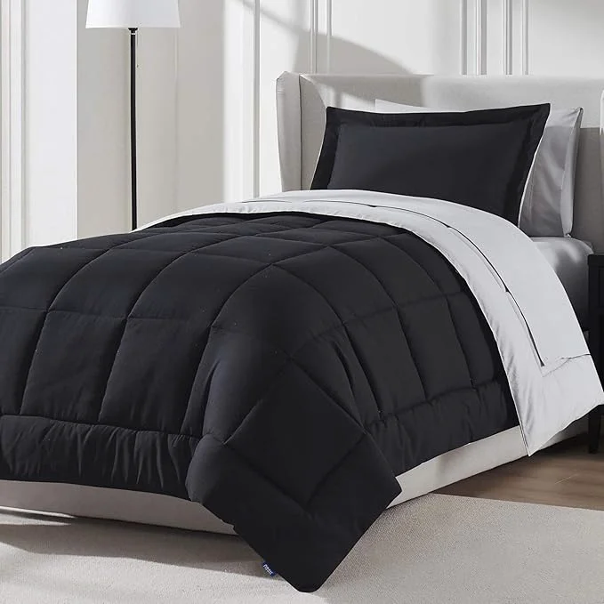 Green Nestl 5 Piece Twin Comforter Set – Black Reversible Bed in a Bag – Complete Twin Size Bedding Set with Sheets Pillowcase and Sham Fashionable