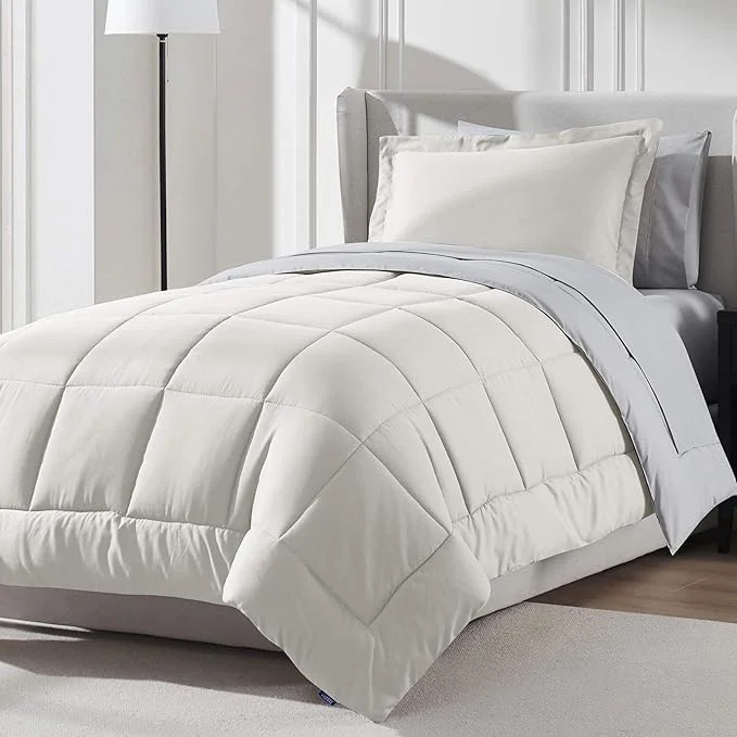Safe Nestl 5 Piece Twin Comforter Set – Off White Reversible Bed in a Bag – Complete Twin Size Bedding Set with Sheets Pillowcase and Sham Reusable