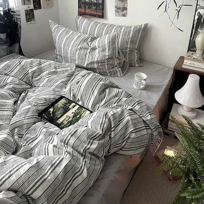 Original VM VOUGEMARKET Gray White Striped Comforter Set Twin XL Vintage Vertical Stripes Bedding Set Minimalist Neutral Comforter for Teens Dorm Room Reusable
