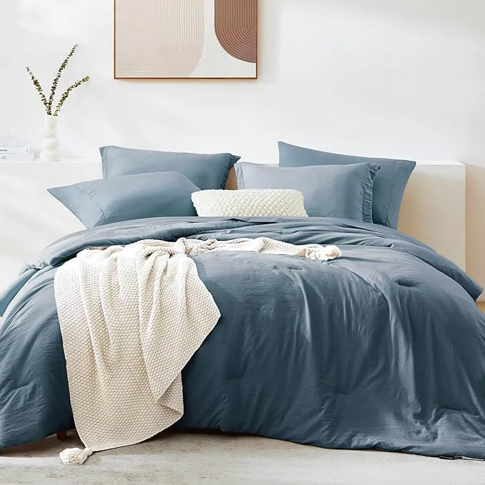 Long-Lasting WRENSONGE Full Size Comforter Sets 7 Pieces Oxford Blue Bed in a Bag with Fitted Sheet Flat Sheet 2 Pillow Shams 2 Pillowcases Warm Bedding Sets for All Season Reliable