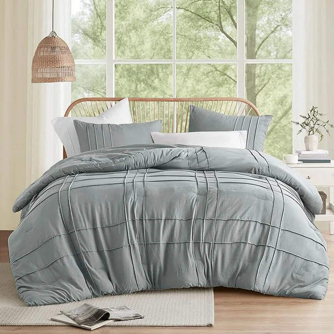 Certified Comfort Spaces Blue Grey King Size Comforter Set - 3 Pieces Pintuck Pleated Bedding Sets All Season Lightweight Extra Softness Pre-Washed Microfiber Bed Set Shams King Sophisticated