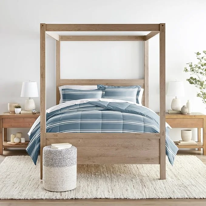 Certified LINENS amp HUTCH Comforter Set Patterned Microfiber All Season Down- Ultra Soft Bedding in Soft Stripe - Full Queen Soft Stripe Light Blue Elegant