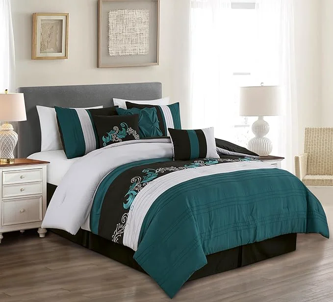 Next-Generation Chezmoi Collection Napa 7-Piece Luxury Leaves Scroll Embroidery Bedding Comforter Set Oversized King Teal Black Gray First-Class