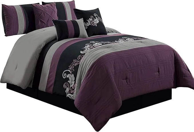 Elite Chezmoi Collection Napa 7-Piece Luxury Leaves Scroll Embroidery Bedding Comforter Set King Purple Black Gray Dependable