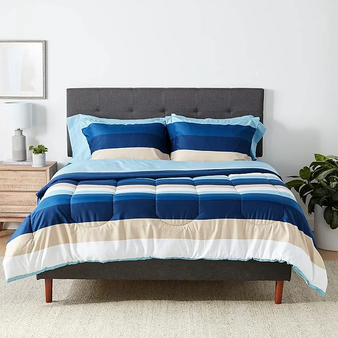 Sophisticated Amazon Basics Full Queen Comforter Set with Sheets 7-Piece Blue Stripe Bedding Lightweight Microfiber Bed-in-a-Bag Striped Recyclable