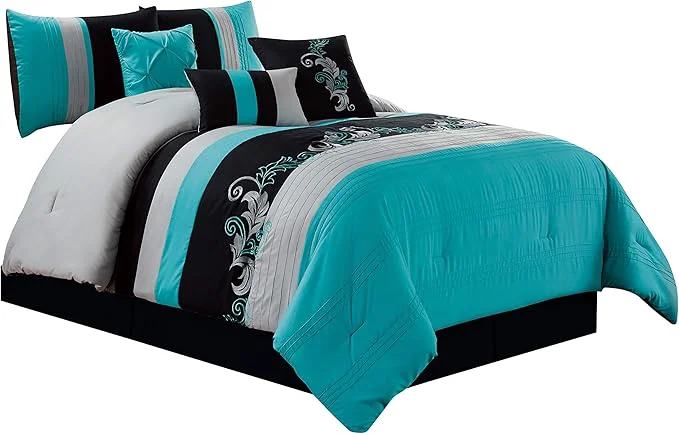 World-Class Chezmoi Collection Napa 7-Piece Luxury Leaves Scroll Embroidery Bedding Comforter Set Queen Teal Blue Gray Black Innovative