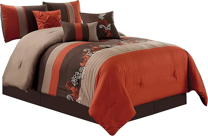 High-Quality Chezmoi Collection Napa 7-Piece Luxury Autumn Leaves Scroll Embroidery Bedding Comforter Set Full Rust Orange Brown Taupe World-Class