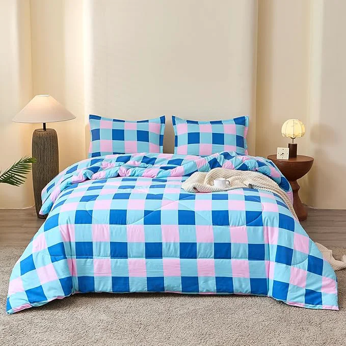 High-Performance Caressma Comforter Set Colorful Checkered Queen Size 3 Pieces Blue and Pink Grid Comforter Bedding Set Geometric Checkered Bedding with Pillowshams Advanced