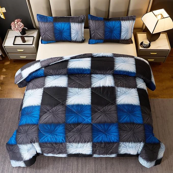 Smart Caressma Black and Navy Blue Checkered Comforter Bedding Set Full Size Blue White Plaid Comforter Set for Boys Fluffy Black Grid Home Decor for All Seasons Recyclable