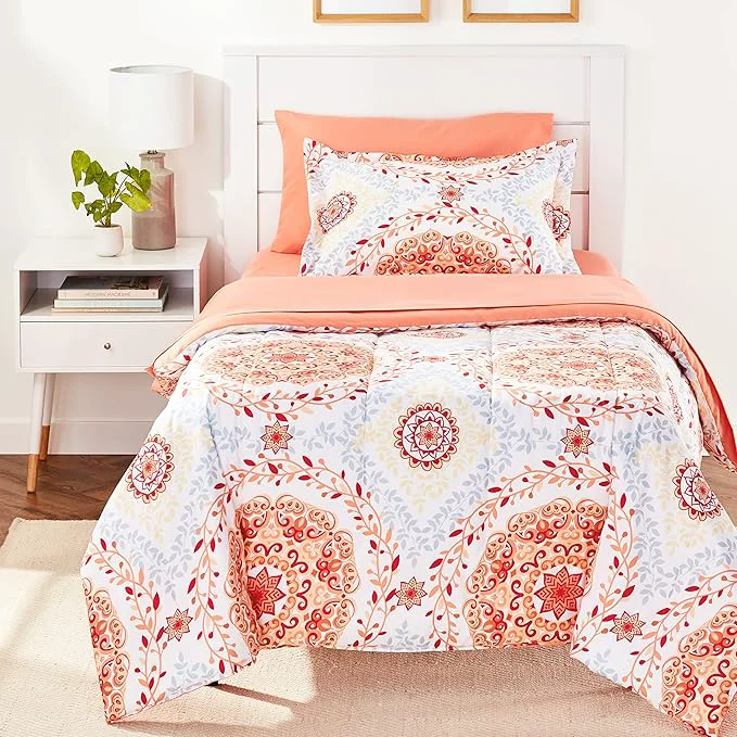 Outstanding Amazon Basics Twin Twin XL Lightweight Microfiber Comforter Bedding Set with Printed Sheets 5-Piece Bed-in-a-Bag Coral Medallion Convenient