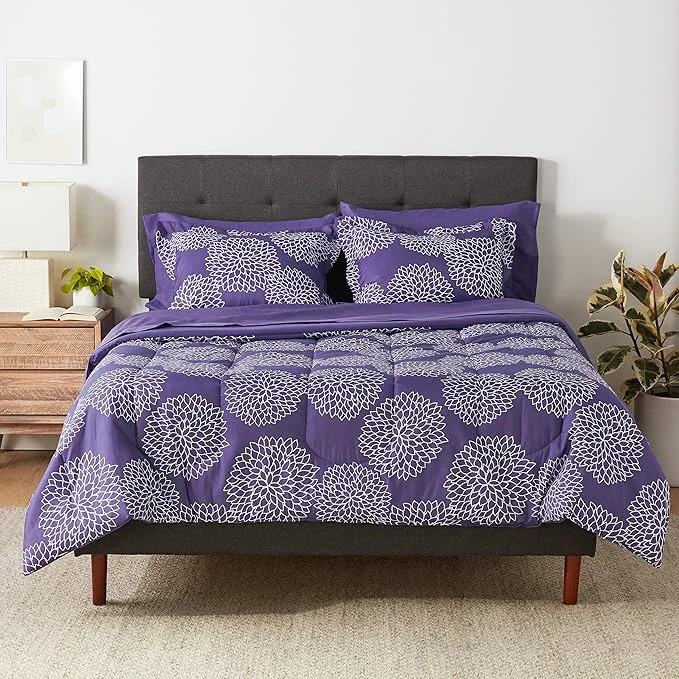Dependable Amazon Basics Full Queen Comforter Set with Sheets 7-Piece Purple Floral Bedding Lightweight Microfiber Bed-in-a-Bag Fashionable