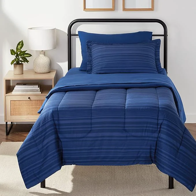 Breathable Amazon Basics Twin Twin XL Comforter Set with Sheets 5-Piece Blue Calvin Striped Bedding Lightweight Microfiber Bed-in-a-Bag Unique