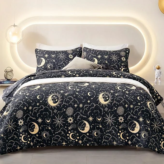 Prestigious EXQ Home Quilt Set Full Queen Size Black Print 3 Piece Lightweight Soft Coverlet Modern Style Sun Starry Pattern Bedspread Set 1 Quilt 2 Pillow Shams High-Grade