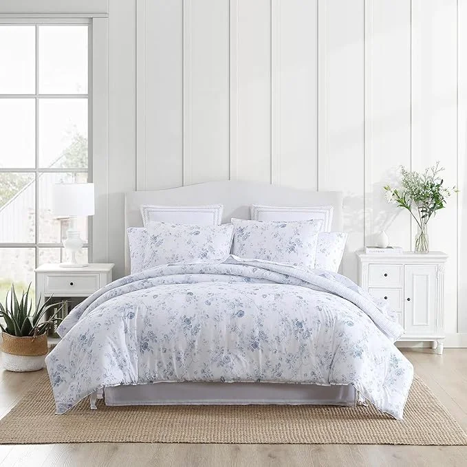Selected Laura Ashley - Queen Comforter Set Soft Cotton Bedding with a Medium Weight for Year Round Use Reversible 3 Piece Bed Set with Matching Pillowcases Belinda Chambray Blue High-Quality