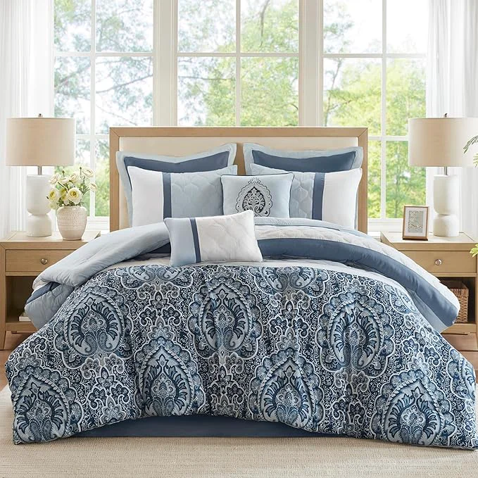 Expertly Made 510 DESIGN Luxe Quilted Comforter Set Modern Transitional Design All Season Down Warm Bedding Matching Shams Bedskirt Decorative Pillow King Shawnee Scrollwork Blue Quality