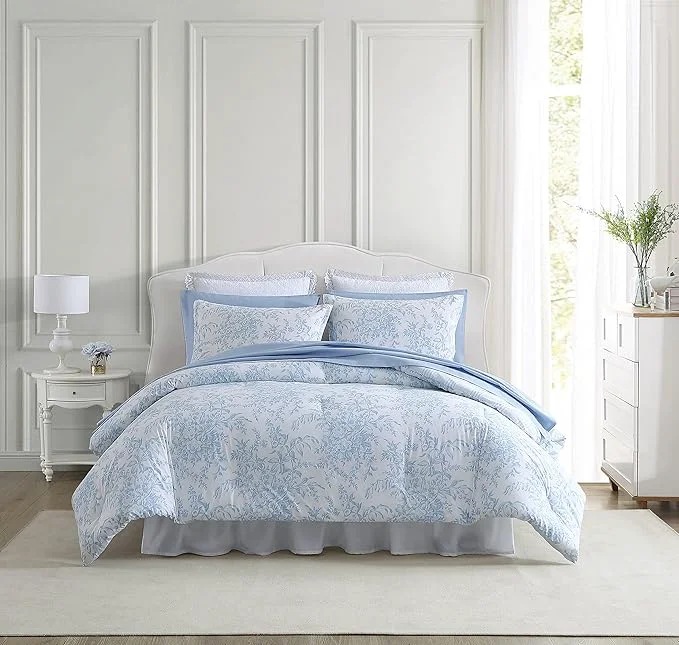 High-Quality Laura Ashley - Queen Comforter Set Soft amp Reversible Cotton Floral Bedding with a Medium Weight Feel 3 Piece Bed Set with Matching Pillowcases Bedford Blue Trusted