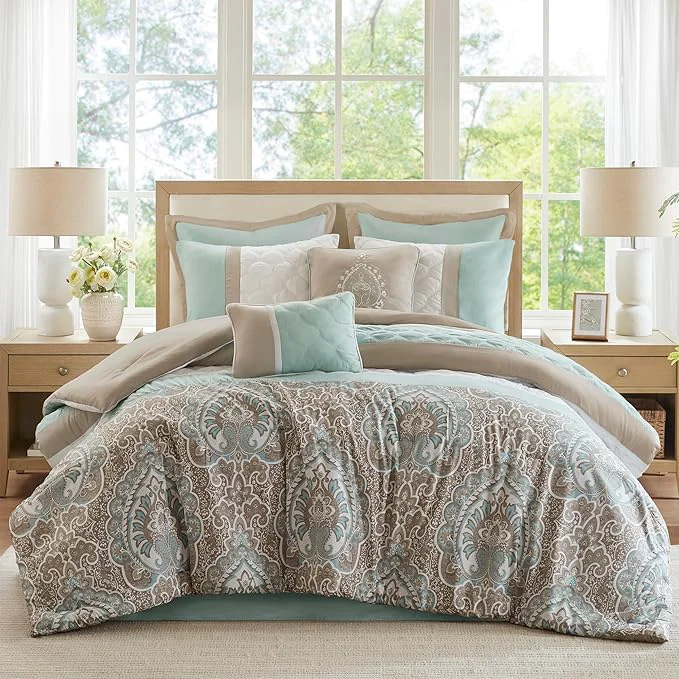 First-Class 510 DESIGN Luxe Quilted Comforter Set Modern Transitional Design All Season Down Warm Bedding Matching Shams Bedskirt Decorative Pillow Queen Shawnee Scrollwork Seafoam Specialty