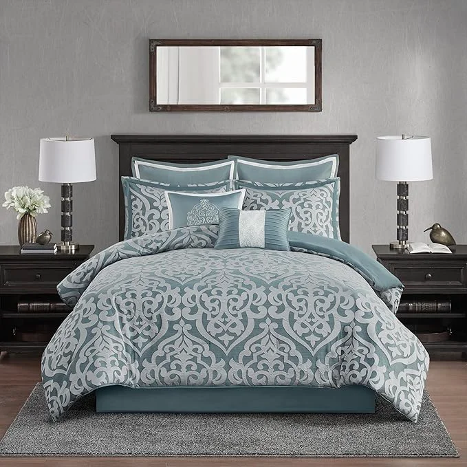 Elite Madison Park Odette Cozy Comforter Set Jacquard Damask Medallion Design - Modern All Season Down Bedding Shams Decorative Pillows Cal King 104 in x 92 in Aqua Sustainable