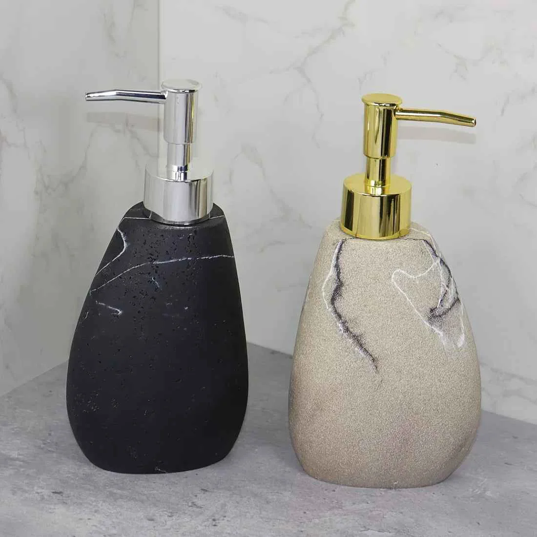 Modern Elegant Marble Texture Resin Soap Dispenser Manual Pump - Reusable Bathroom Liquid Dispenser Bottle for Hand Soap Shampoo and Lotion - Slim White Design with Pure