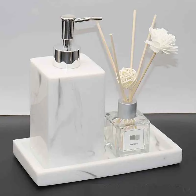 Eco-Friendly 2pcs Bathroom Accessory Set Marble Look 500ml Soap Dispenser With Matching Tray Elegant Countertop Decor Artisan