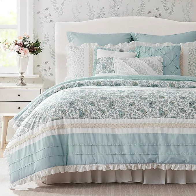 Official Madison Park Dawn Cotton Shabby Chic Comforter Set-Modern Cottage Design All Season Down Bedding Matching Shams Bedskirt Decorative Pillows King 104 quot x92 quot Aqua 9 Piece Responsible