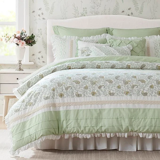 Stylish Madison Park Cal King Comforter Set Cottage Cotton Comforter for Cal King Size Bed All Season Lightweight Cal King Cotton Bedding Include Shams Bedskirt amp Décor Pillows Dawn Sage Green 9 Piece Natural