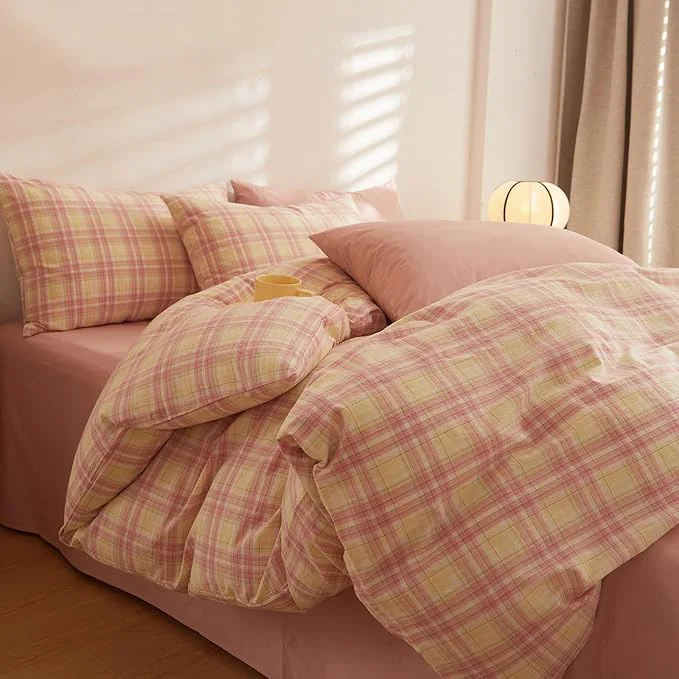 Clean Plaid Comforter Sets King Size Bed Washed Cotton Boho Bedding Set Down Farmhouse Fluffy Soft Bedding Comforter Sets Washable Cute Cozy All Season Bed Comforter with 2 Pillowcases Advanced