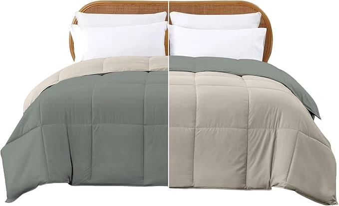 Comfortable Modern Threads Down Reversible Comforter Sage Green Cream Queen Next-Generation