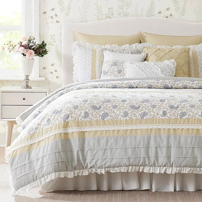 Original Madison Park Dawn Cotton Shabby Chic Comforter Set-Modern Cottage Design All Season Down Bedding Matching Shams Bedskirt Decorative Pillows King 104 quot x92 quot Yellow 9 Piece Premium Material