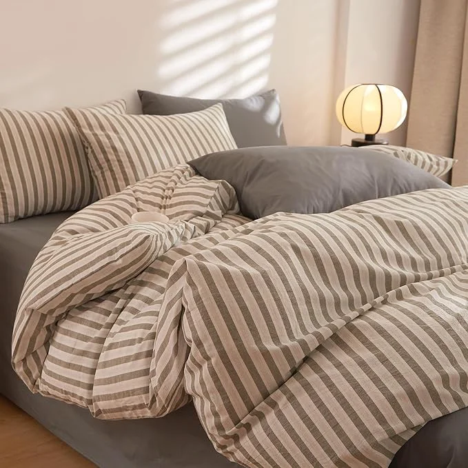 Healthy Grey Striped Queen Comforter Set Down Cozy Bedding Set Fluffy Washed Cotton All Season Boho Bedding Comforter Sets Washable Soft Vintage Cute Bed Comforter with 2 Pillowcases Easy-to-Use