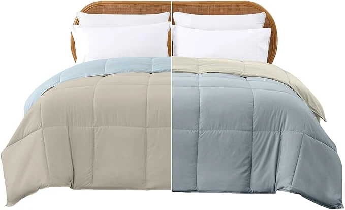 Enhanced Modern Threads Down Reversible Comforter Beige Light Blue King Certified