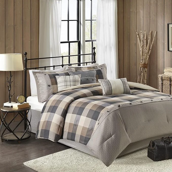 Sophisticated Madison Park Ridge Comforter Set-Cabin Lodge Plaid Herringbone Design All Season Down Cozy Bedding with Matching Bedskirt Shams Decorative Pillow Queen 90 quot x90 quot Neutral 7 Piece Trendy