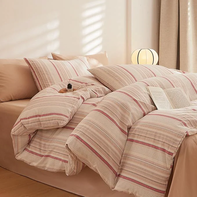 Elite Brown Striped XL Twin Comforter Set Boho Down Bedding Set Fluffy Washed Cotton Soft Bedroom Bedding Comforter Sets Rustic All Season Cute Cozy Bed Comforter with 2 Pillowcases Efficient