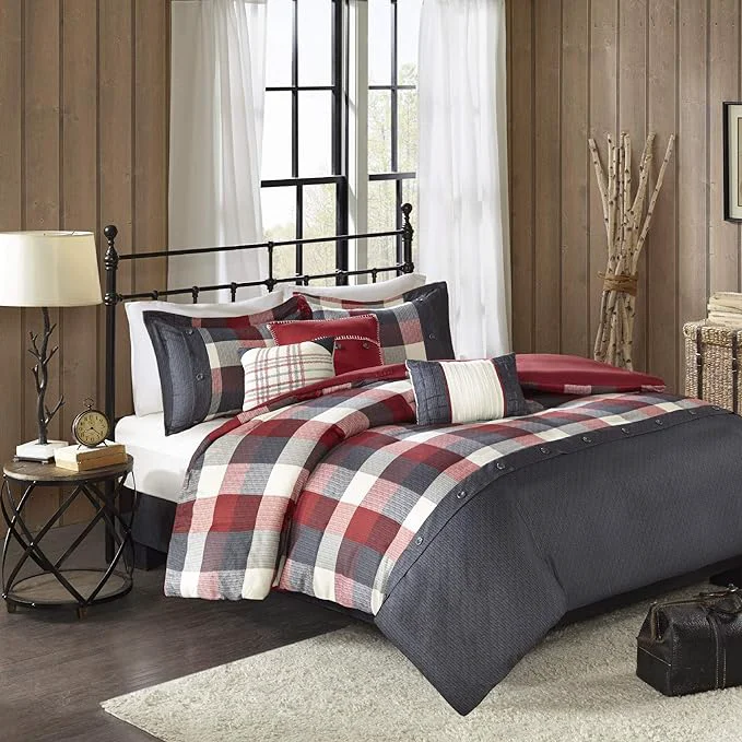 Smart Madison Park Ridge Comforter Set - Cabin Lodge Plaid Herringbone Design All Season Down Cozy Bedding with Matching Bedskirt Shams Decorative Pillow Red Queen 90 quot x90 quot 7 Piece Top-Quality