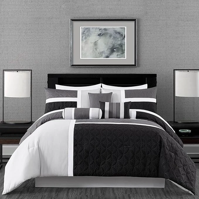 Relaxed Chezmoi Collection Upland 7-Piece Quilted Patchwork Comforter Set Black Gray Light Gray Full World-Class