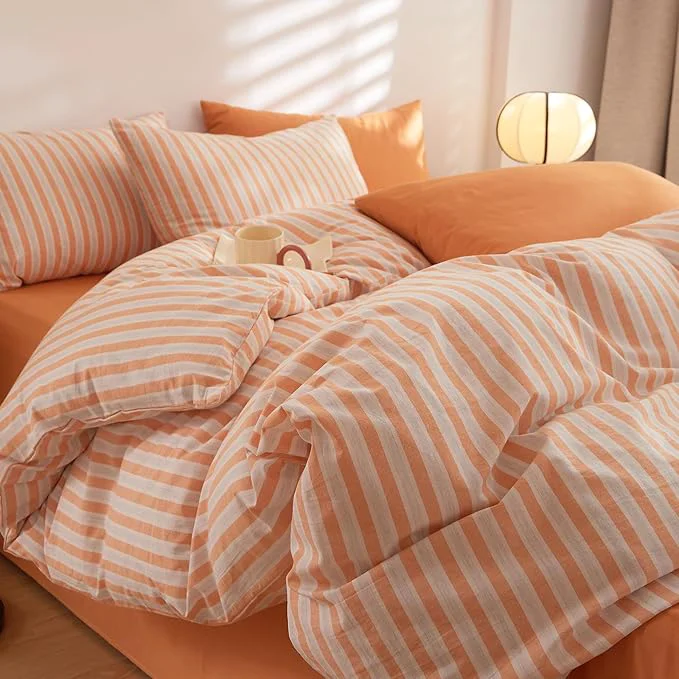 Breathable Orange Striped King Comforter Set Fluffy Down Bedding Set Soft Washed Cotton Chic All Season Bedding Comforter Sets Cute Boho Cozy Rustic Bed Comforter with 2 Pillowcases Minimalist