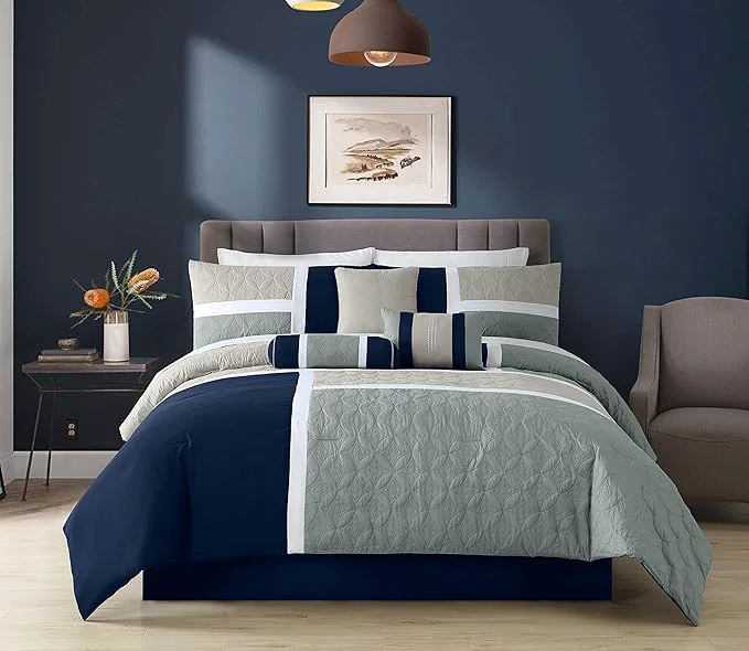 Comfortable Chezmoi Collection Upland 7-Piece Quilted Patchwork Comforter Set Navy Blue Gray King Eco-Friendly