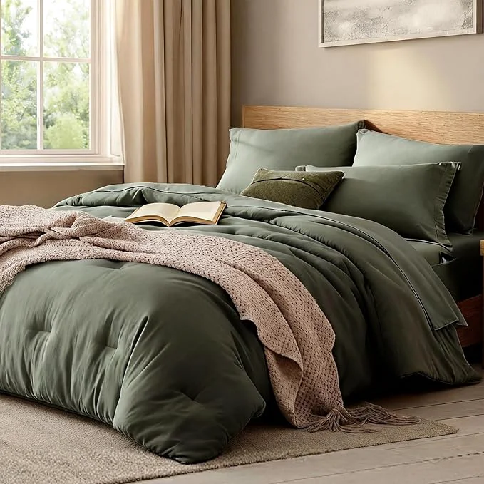 Functional WRENSONGE Queen Comforter Set- 7 Pieces Soft Olive Green Bed in a Bag with Fitted Sheet Flat Sheet 2 Pillow Shams and 2 Pillowcases- Warm Bedding Sets Queen for All Season Genuine