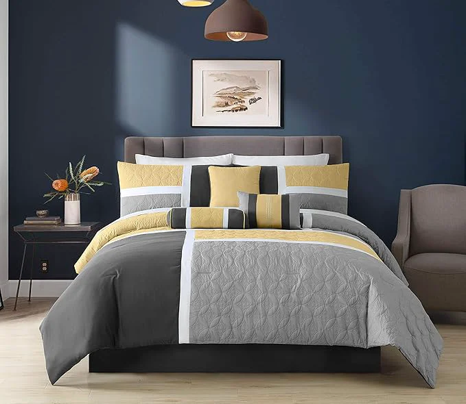 Functional Chezmoi Collection Upland 7-Piece Quilted Patchwork Comforter Set Yellow Charcoal Gray Oversized King Breathable